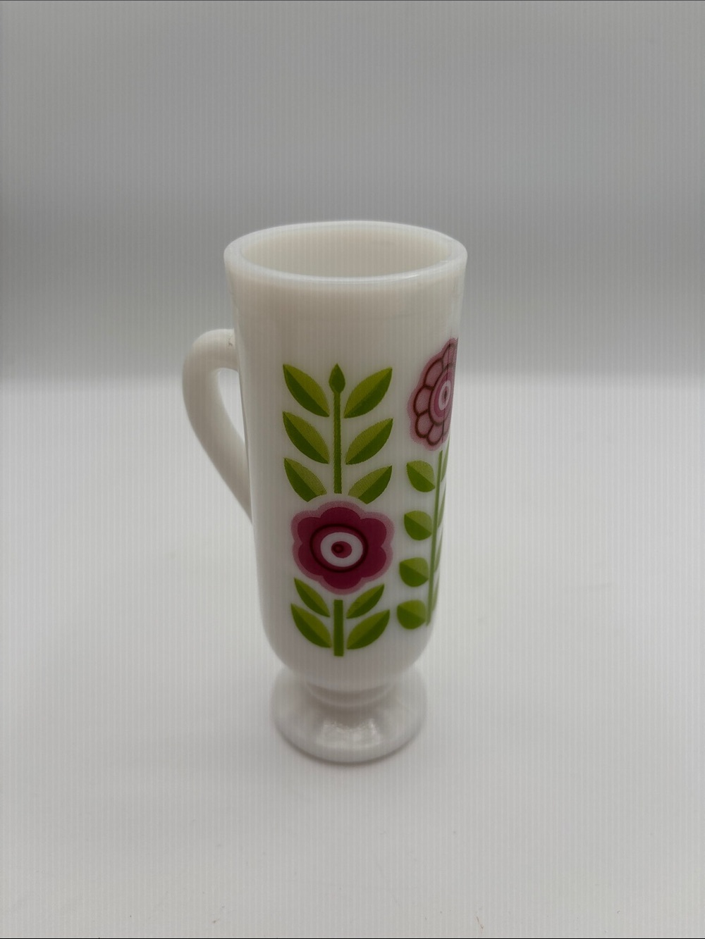 White AVON Floral Dutch Treat Demi-Cup Milk Glass Pink and Green Design- BOHO
